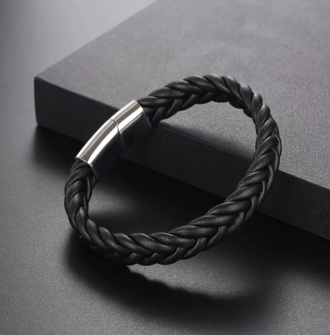 BRACELET CUIR TRESSÉ NOIR BOUCLE ACIER