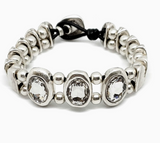 BRACELET CUIR PERLÉ SERTI DE 3 CRISTAUX SWAROVSKI EN ÉTAIN PLAQUÉ ARGENT