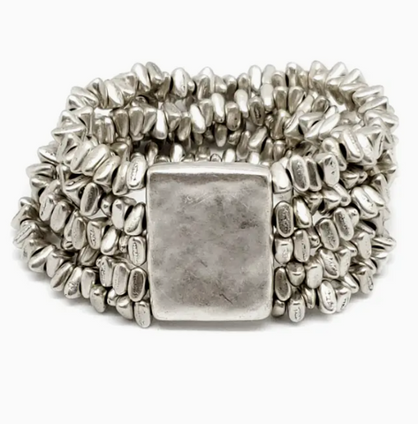 BRACELET À 5 BRINS DE MAILLONS IRRÉGULIERS ET PIÈCE CENTRALE EN ÉTAIN PLAQUÉ ARGENT