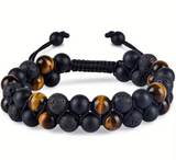 BRACELET TRIPLE PROTECTION AVEC BILLES OEIL-DE-TIGRE, HÉMATITE ET PIERRES VOLCANIQUES 8MM
